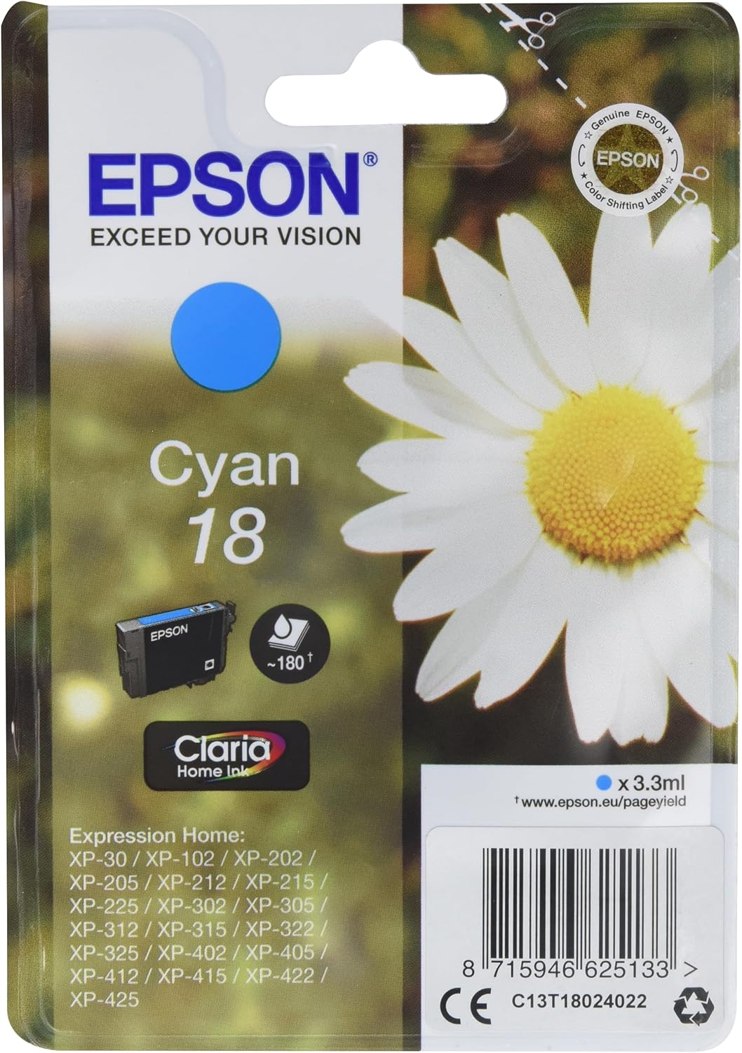 Epson 18 Cyan C13T18024010 cartouche d'encre authentique (TVA incluse)