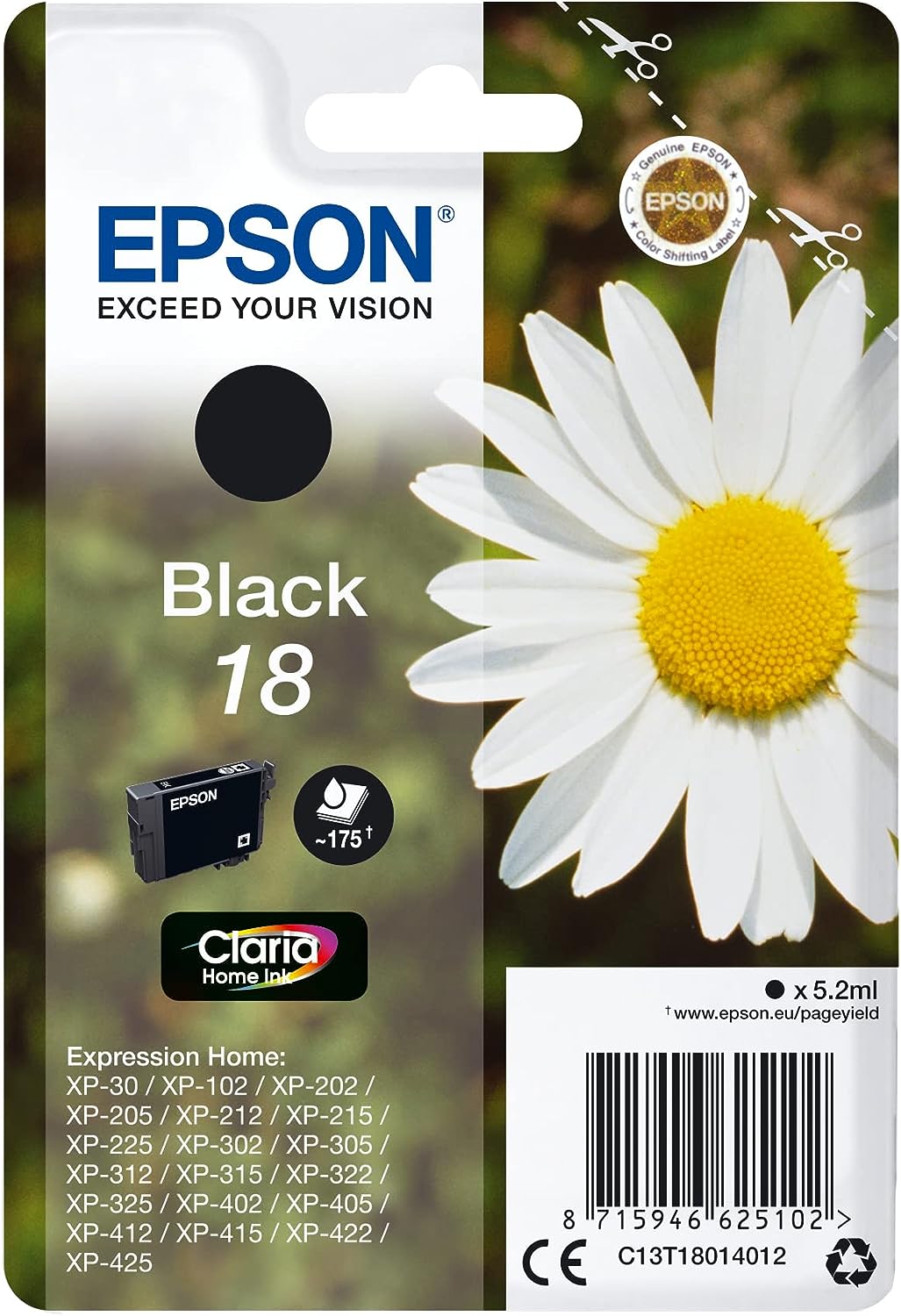 Epson 18 Noir C13T18014012 cartouche d'encre authentique (TVA incluse)