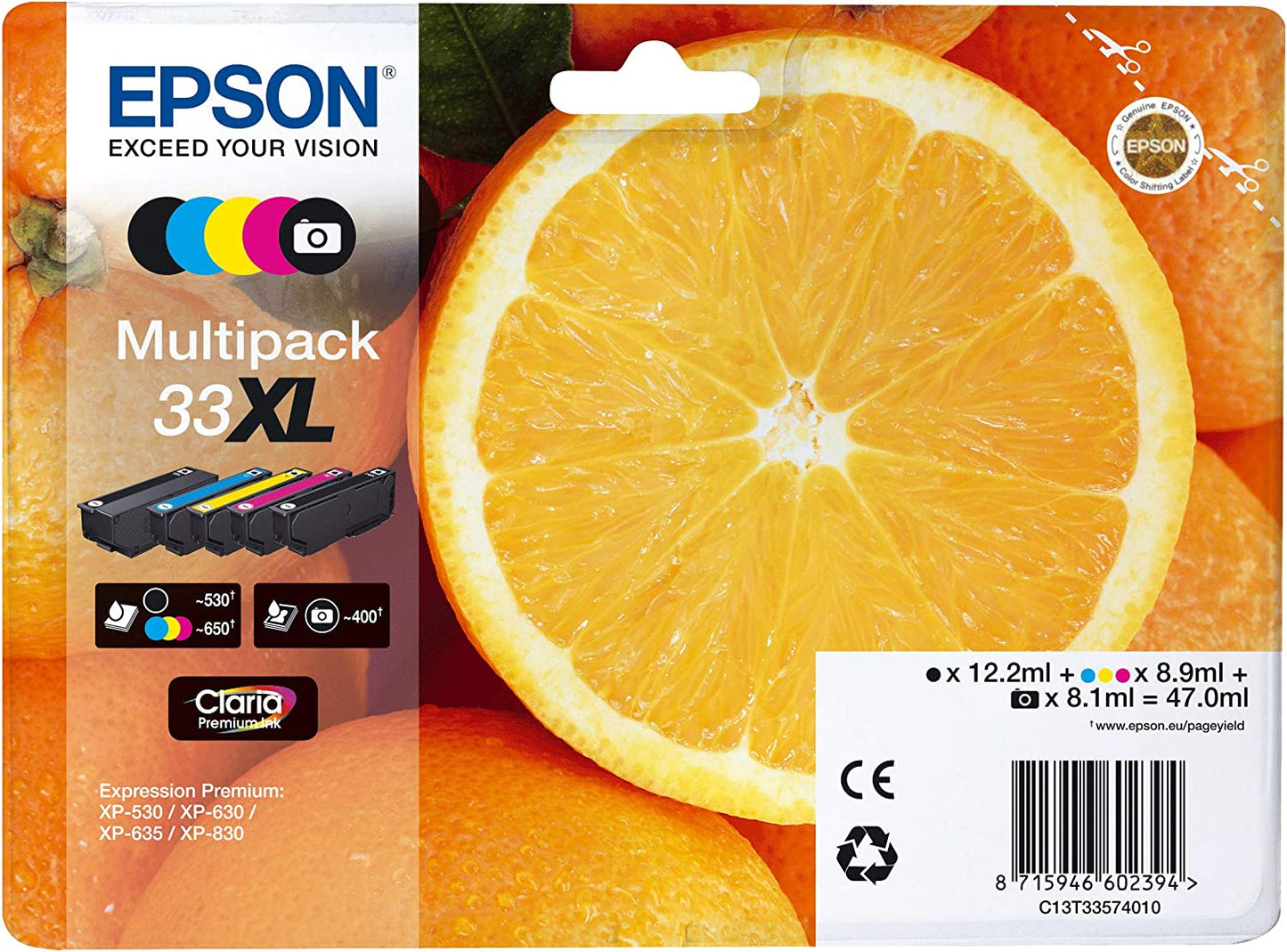 Epson 33XL Multipack Photo Noir/Noir/Cyan/Magenta/Jaune Cartouche d'encre Oranges (TVA incluse)