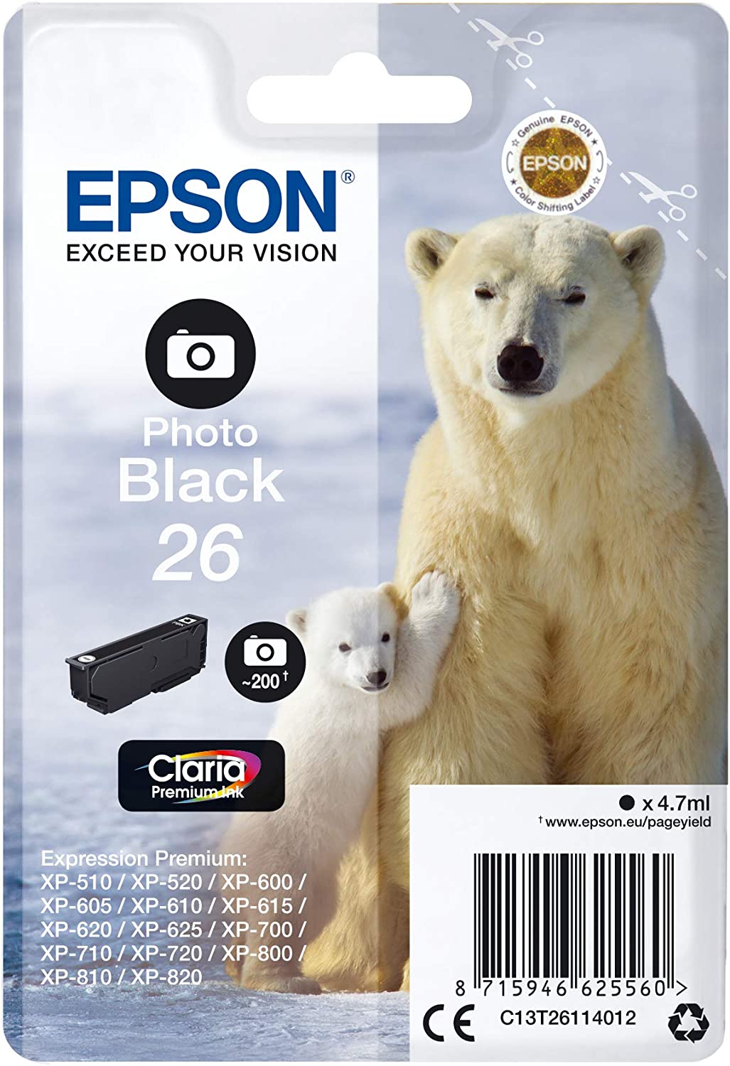 Epson 26 photo noir cartouche d'encre authentique (TVA incluse)