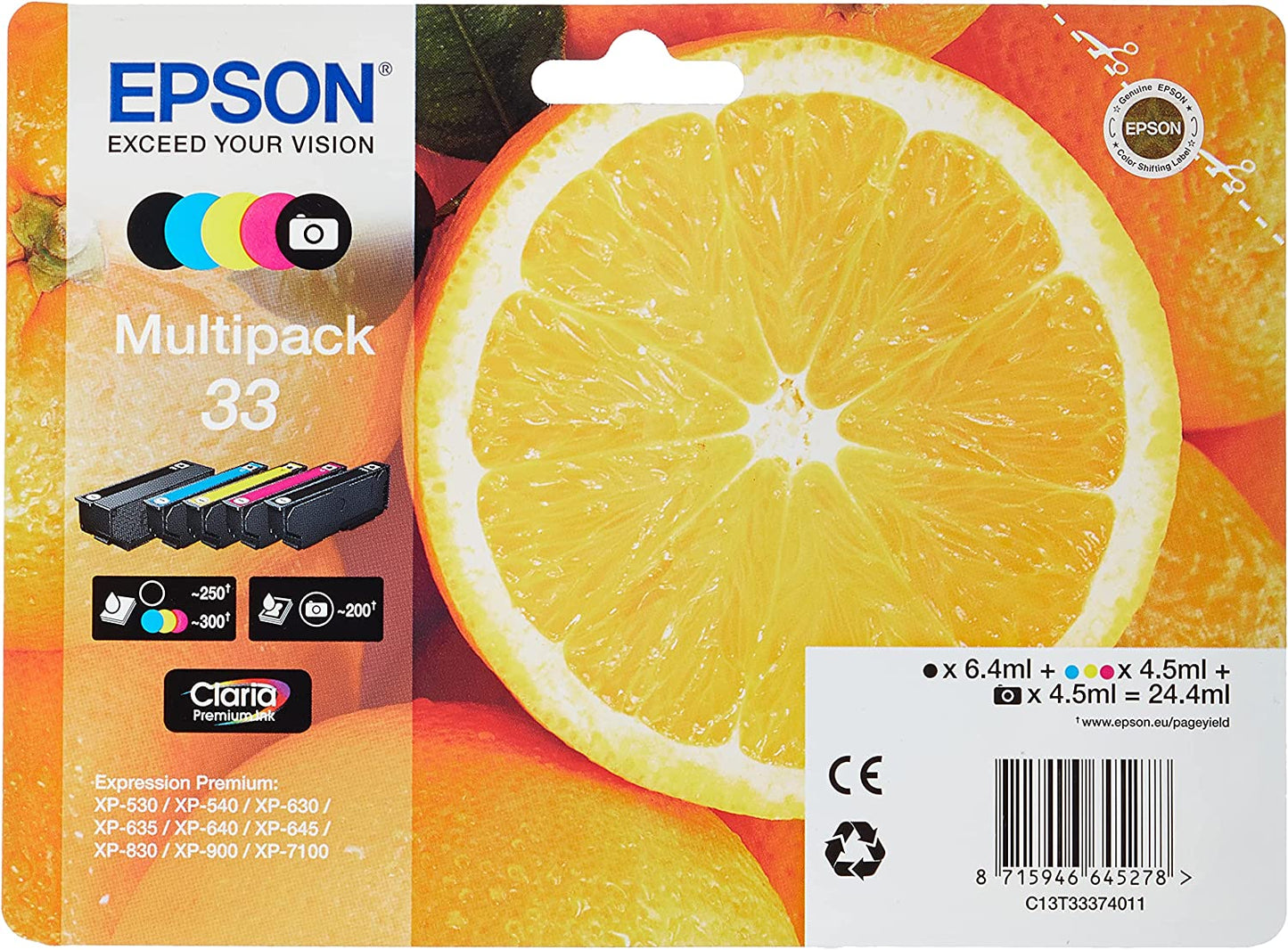 Epson 33 Multipack Photo Noir/Noir/Cyan/Magenta/Jaune Cartouche d'encre Oranges (TVA incluse)